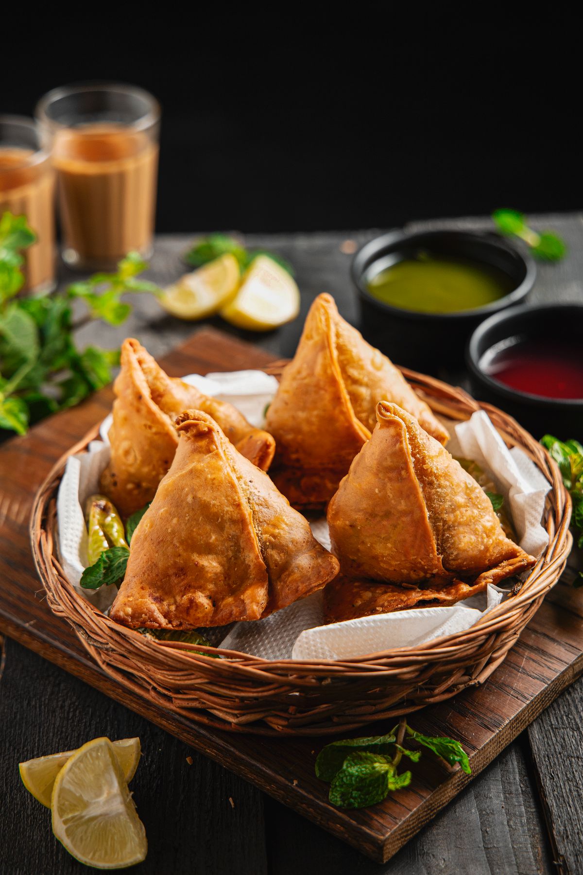 A basket of samosas with lemon, chutney, and glasses of chai.